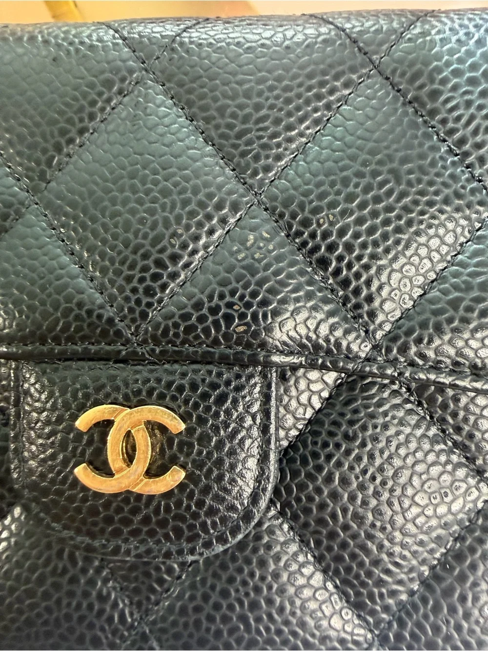 CHANEL Black Caviar Leather Classic Flap Wallet Medium Trifold Gold CC Vintage